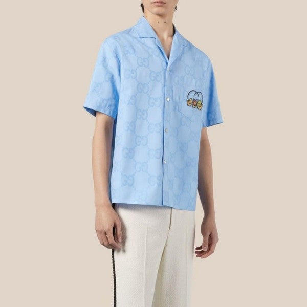 GUCCI || JUMBO GG COTTON JACQUARD BOWLING SHIRT IN BLUE FOR MEN