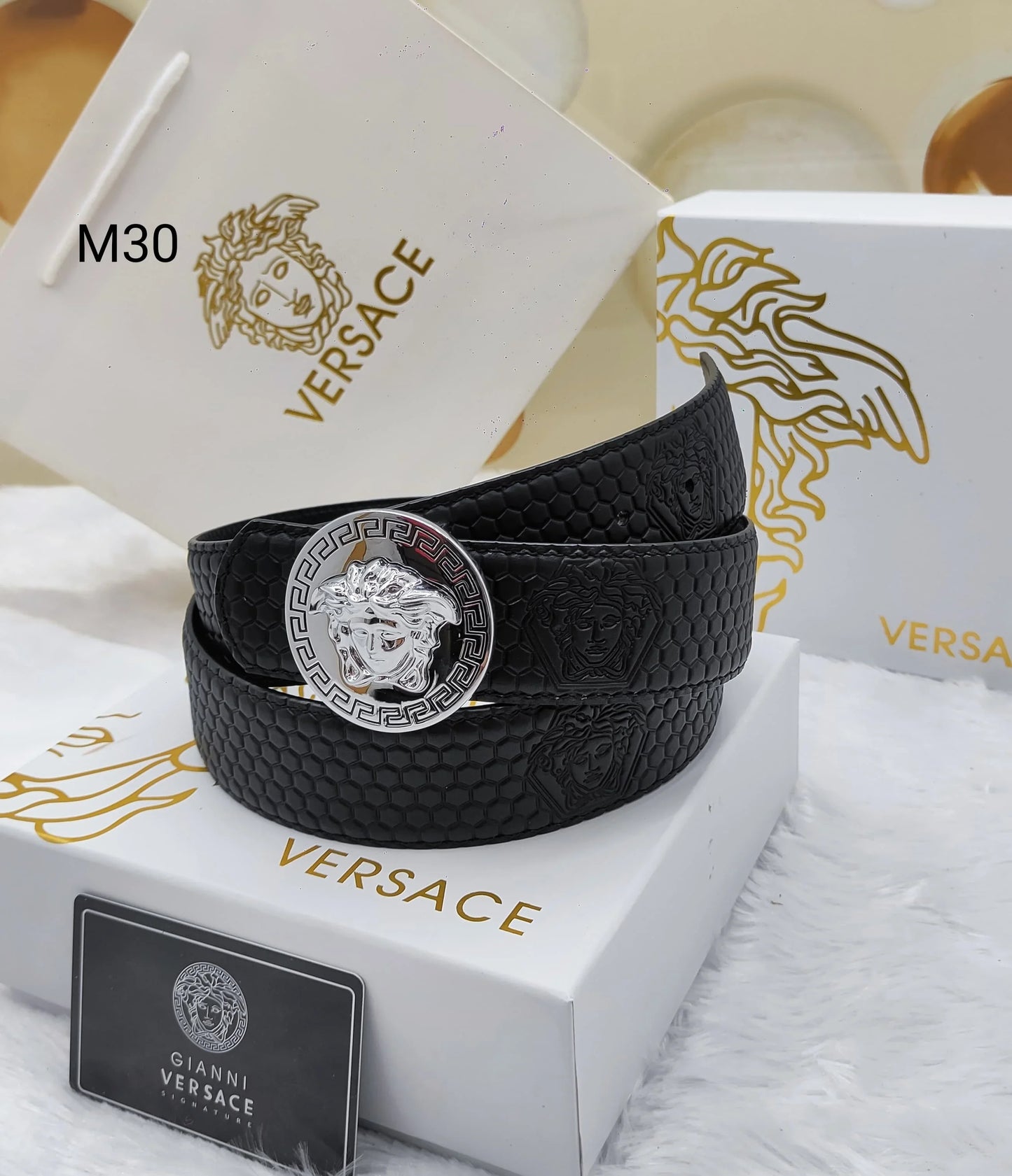 VERSACE || Black Embossed Leather Belt With Silver Tone La Medusa Buckle