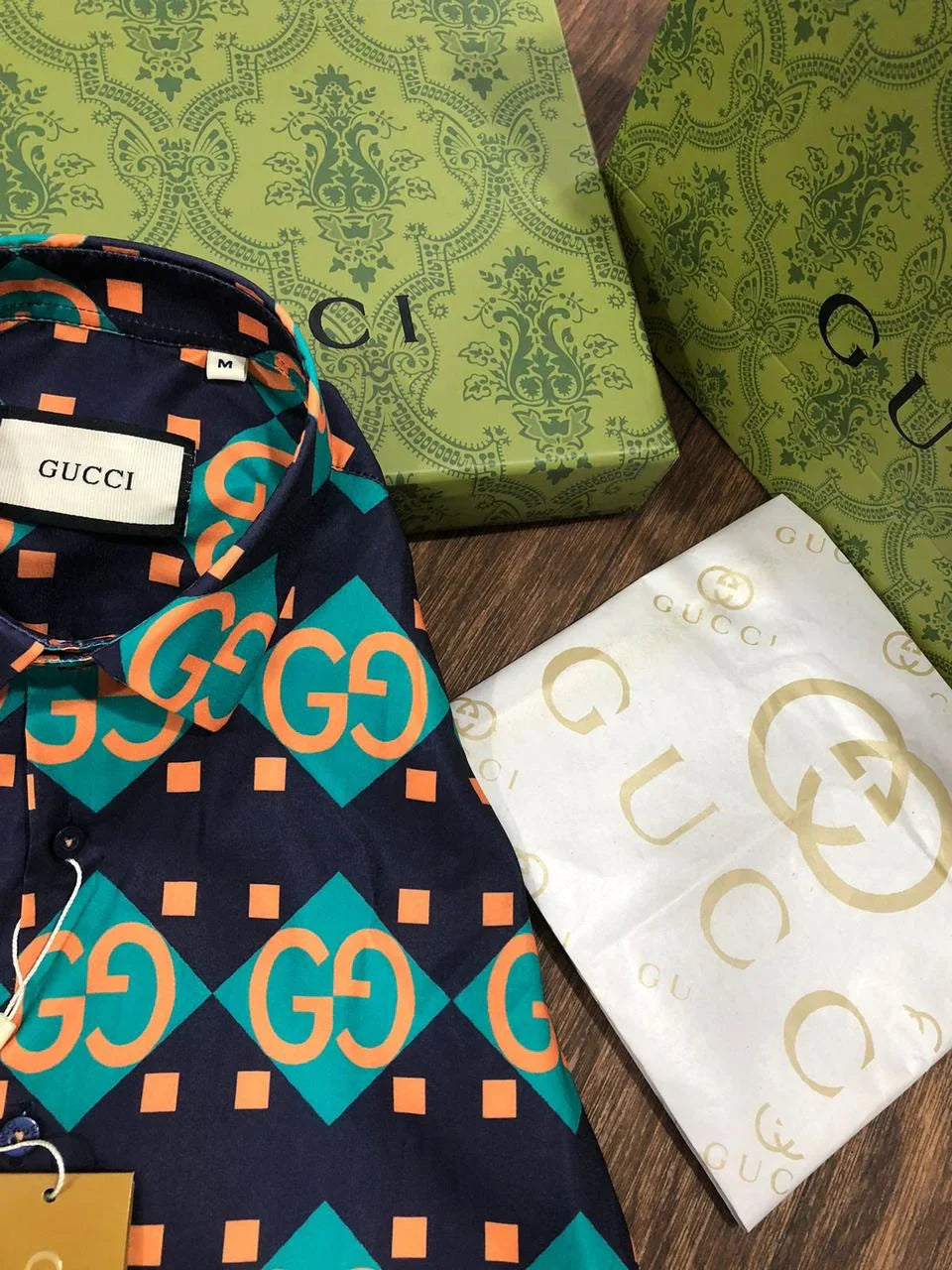 GUCCI || Men's Black gg Geometric Print Silk Bowling Shirt