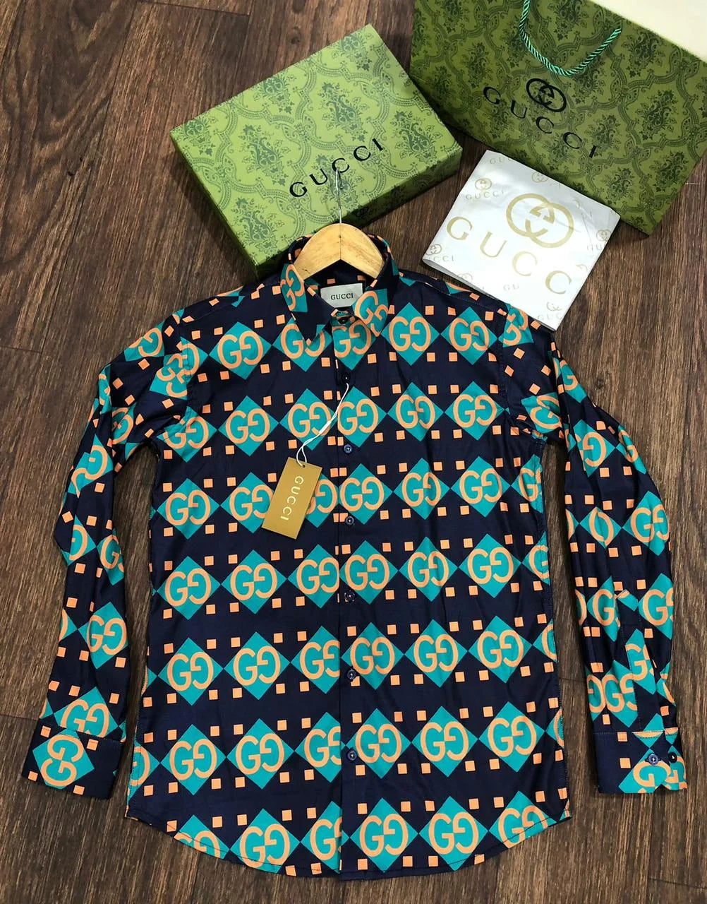 GUCCI || Men's Black gg Geometric Print Silk Bowling Shirt