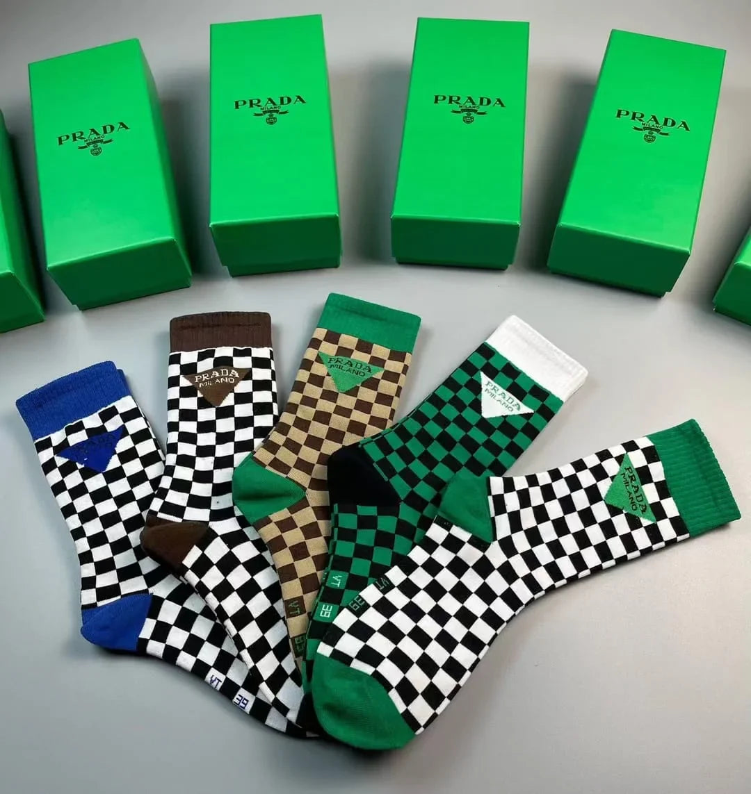 PRADA || Checkerboard Mid-Calf Socks (Pack Of Five Pair)