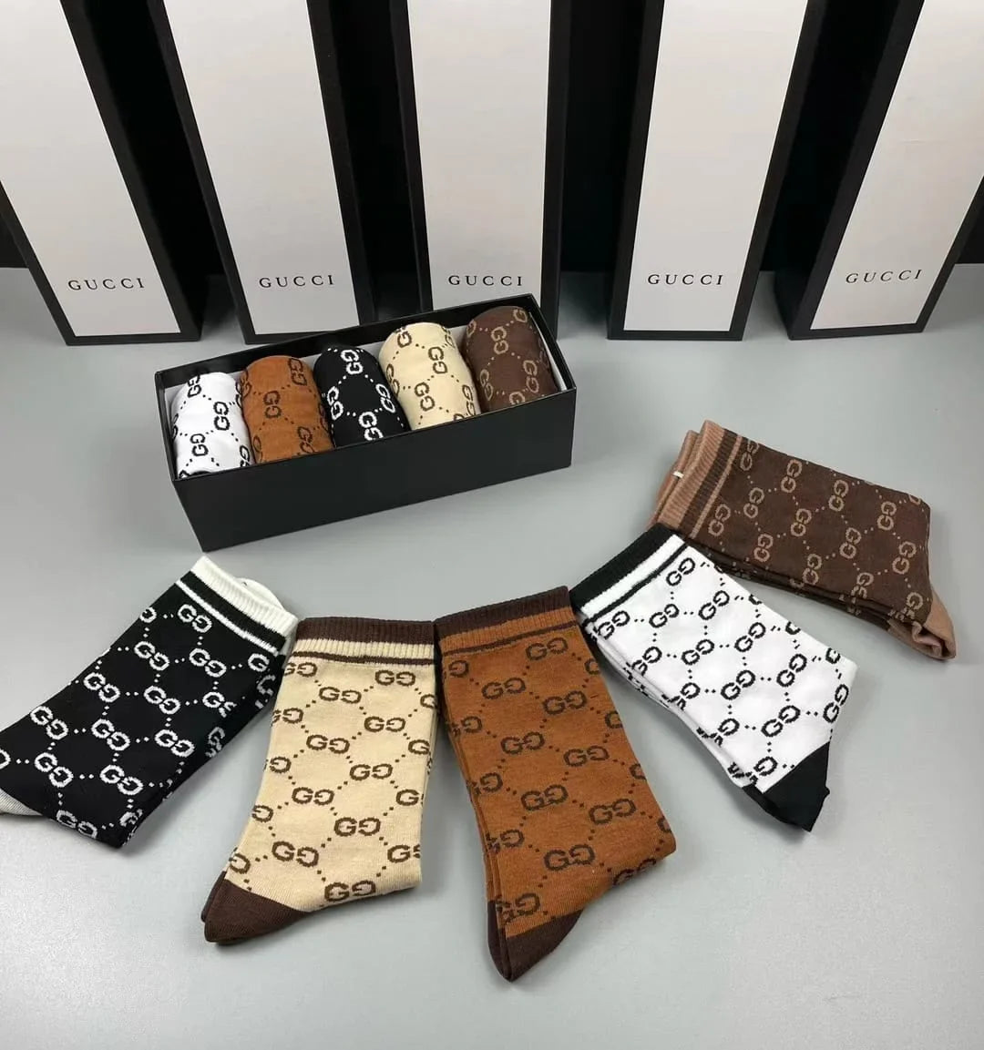 GUCCI || GG Pattern Cotton Blend Socks (Five Pair Combo Box)