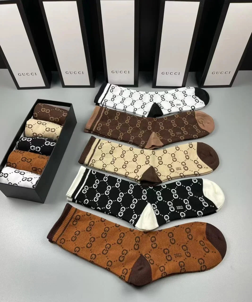 GUCCI || GG Pattern Cotton Blend Socks (Five Pair Combo Box)