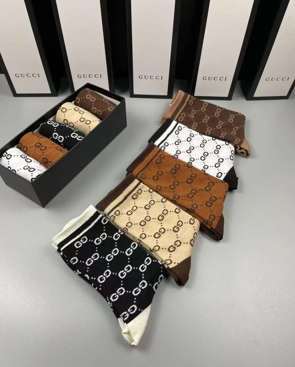 GUCCI || GG Pattern Cotton Blend Socks (Five Pair Combo Box)