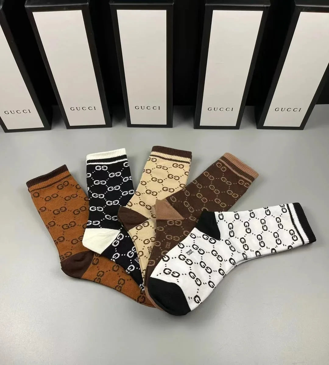 GUCCI || GG Pattern Cotton Blend Socks (Five Pair Combo Box)