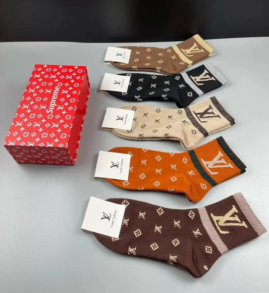 LOUIS VUITTON || LV Supreme Monogram Print Multicolour Five Pair Combo Socks