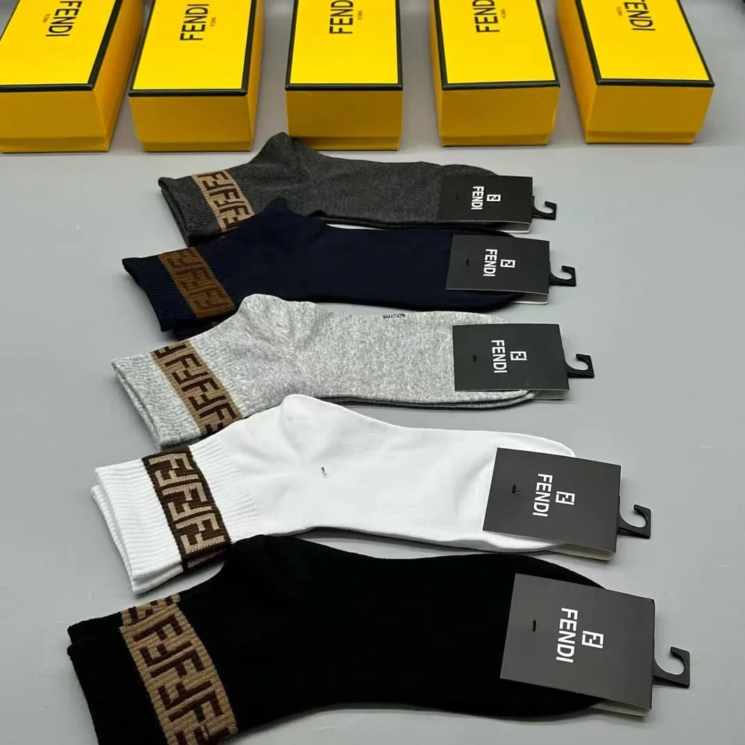 FENDI || FF Stripe Logo Socks Pack Of Five In Box