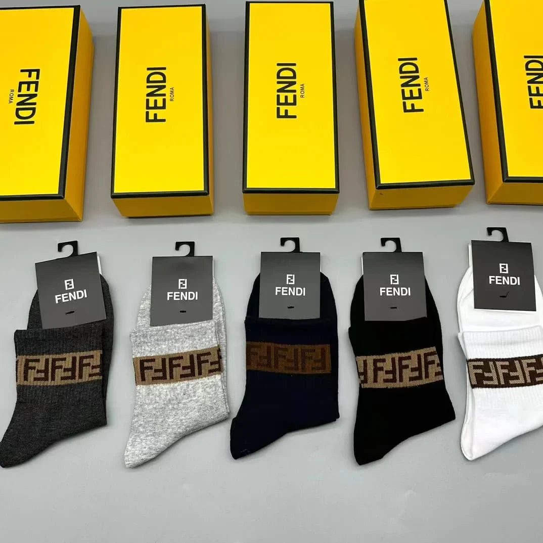 FENDI || FF Stripe Logo Socks Pack Of Five In Box