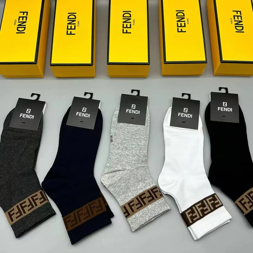 FENDI || FF Stripe Logo Socks Pack Of Five In Box