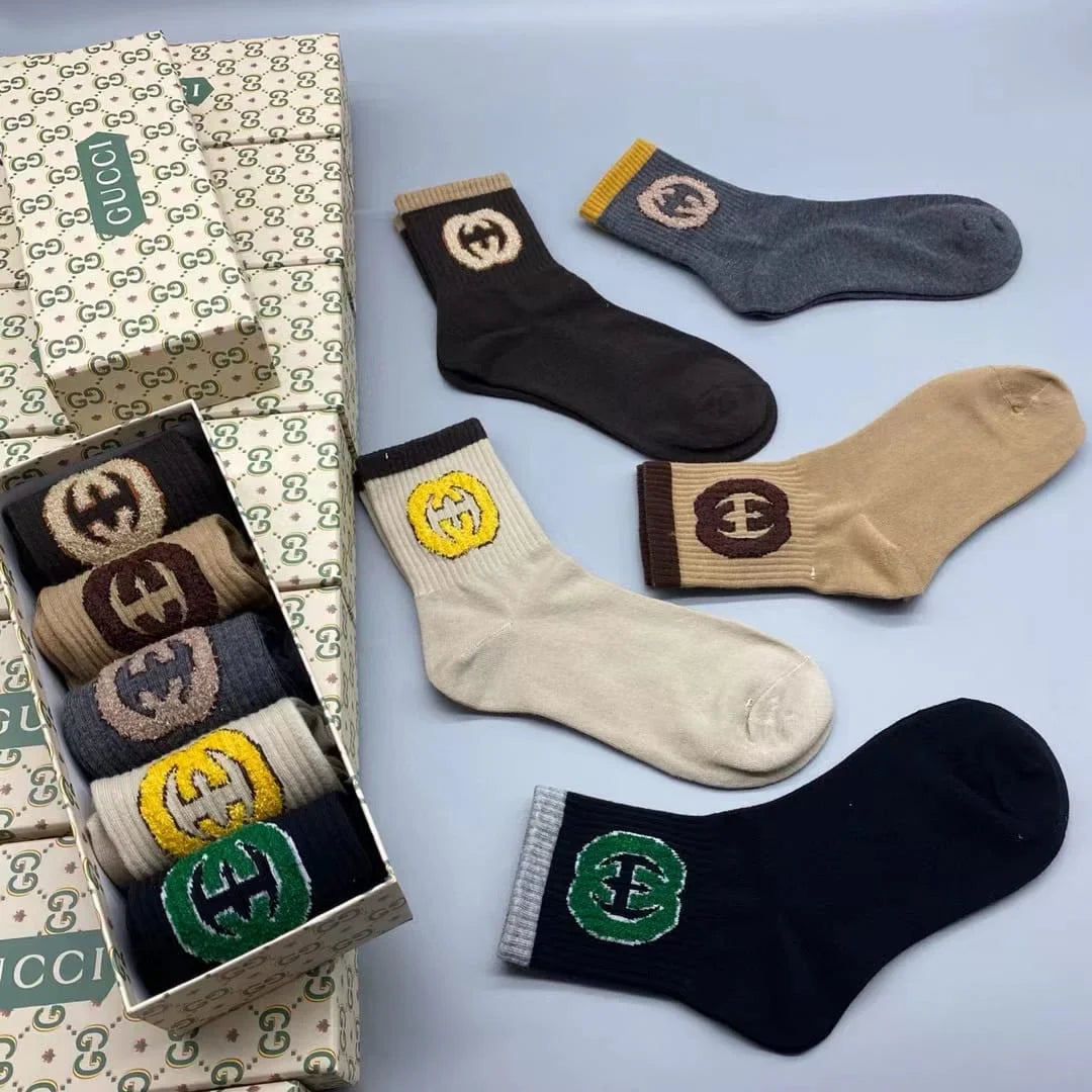 GUCCI || GG Logo Lit Circus Knit Socks in Ivory ( Five Pair Combo Box)