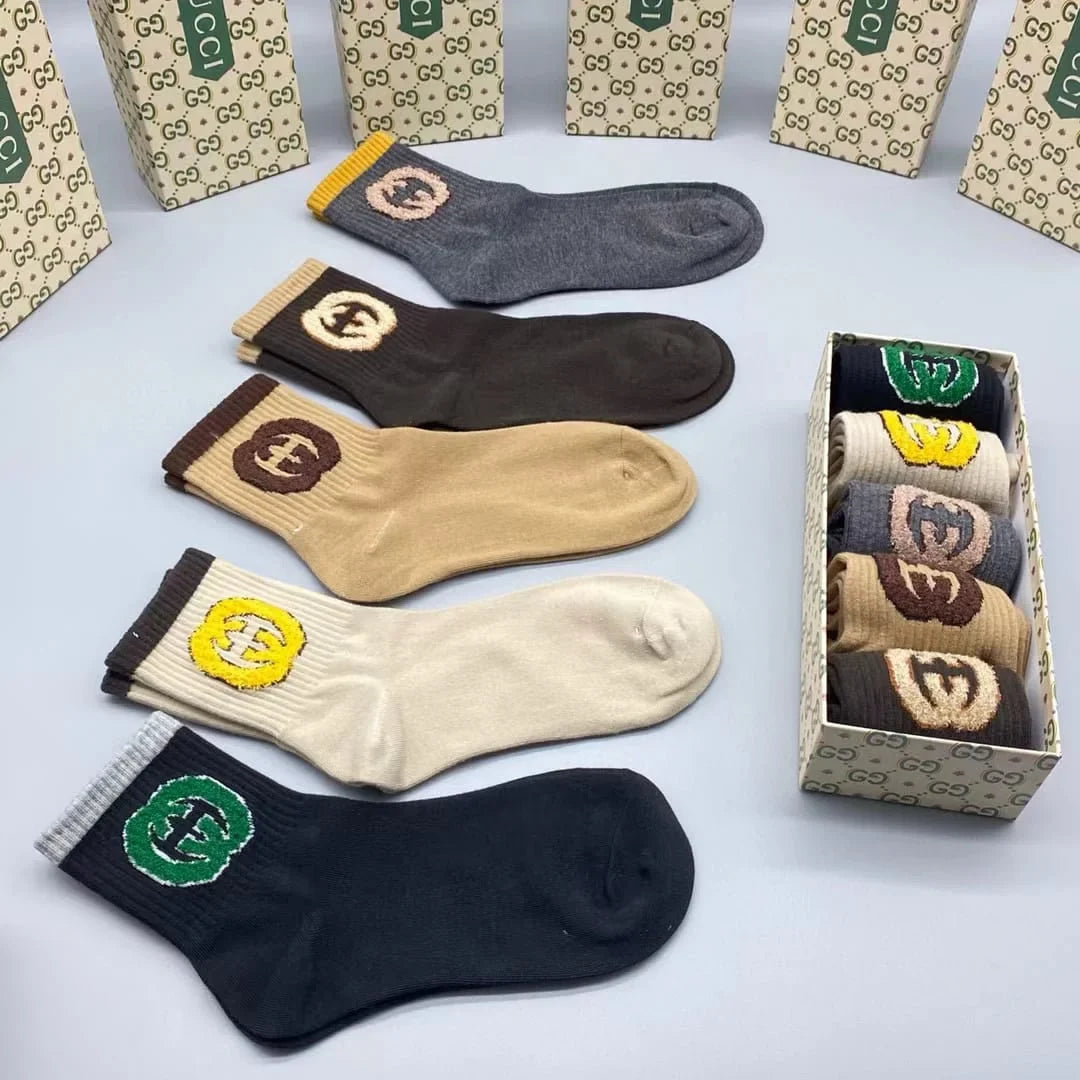 GUCCI || GG Logo Lit Circus Knit Socks in Ivory ( Five Pair Combo Box)