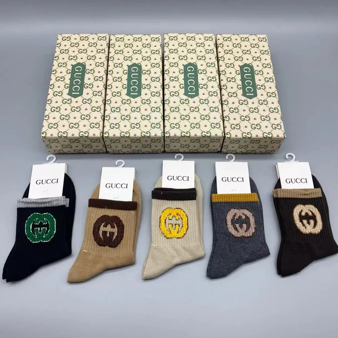 GUCCI || GG Logo Lit Circus Knit Socks in Ivory ( Five Pair Combo Box)