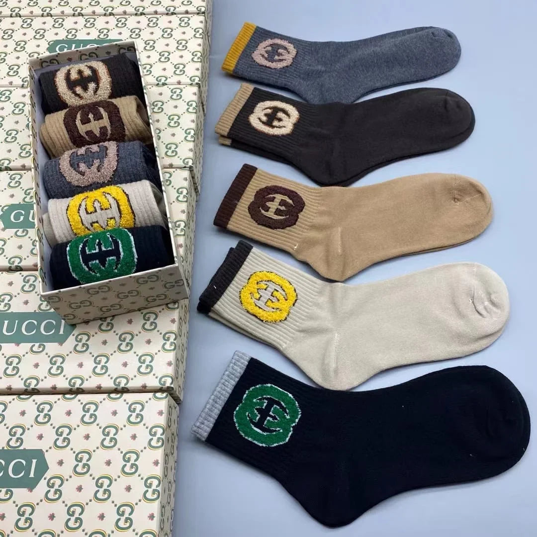 GUCCI || GG Logo Lit Circus Knit Socks in Ivory ( Five Pair Combo Box)