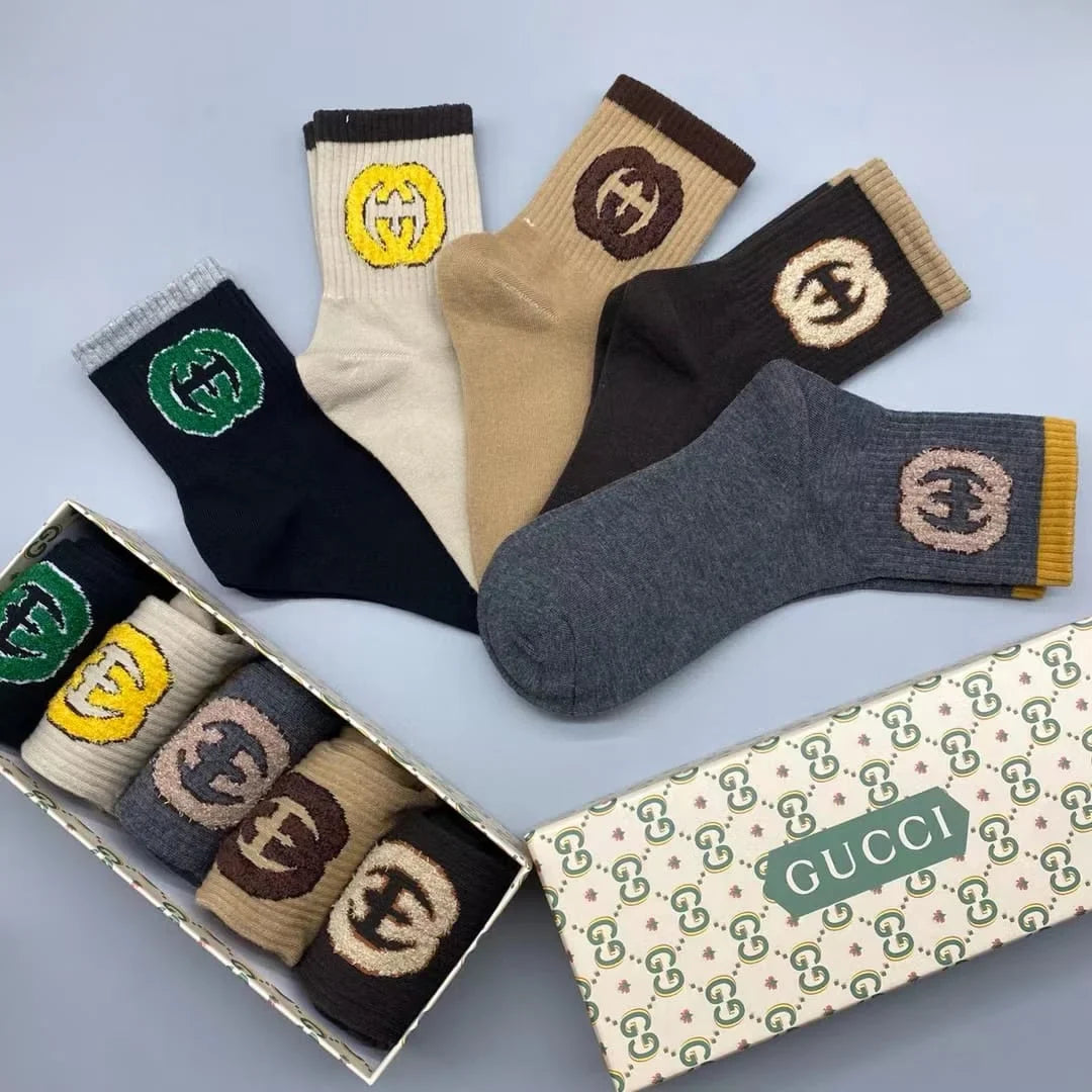 GUCCI || GG Logo Lit Circus Knit Socks in Ivory ( Five Pair Combo Box)