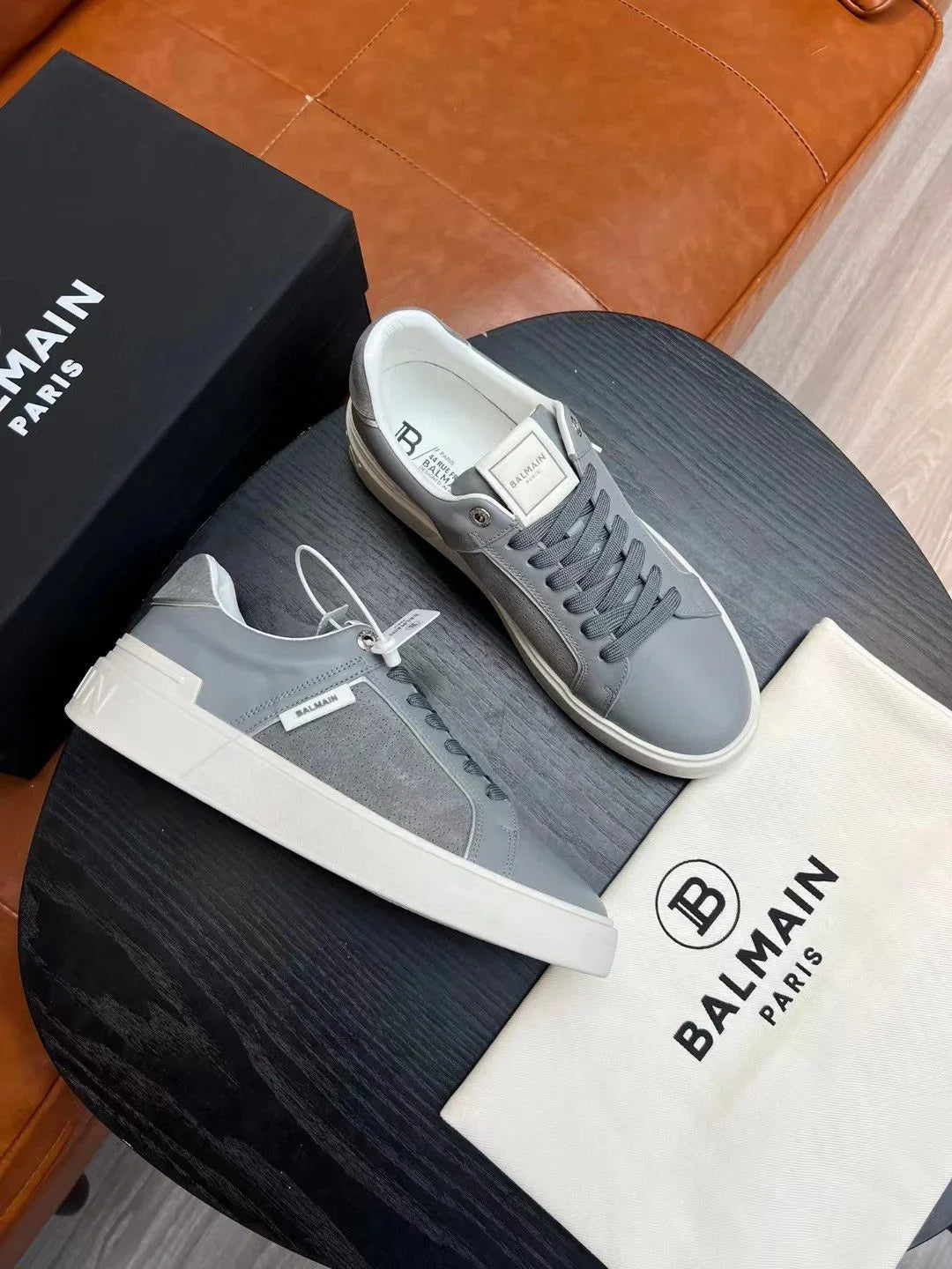 BALMAIN || Logo Patch Low-Top Grey ‘B-Court’ Sneaker