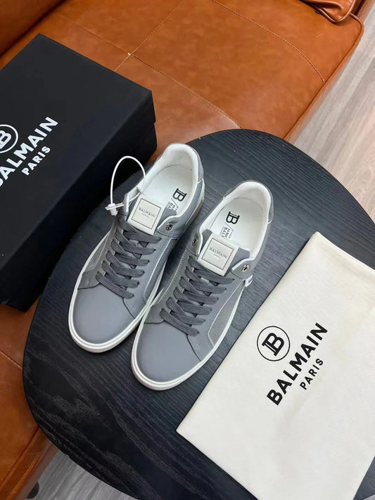 BALMAIN || Logo Patch Low-Top Grey ‘B-Court’ Sneaker