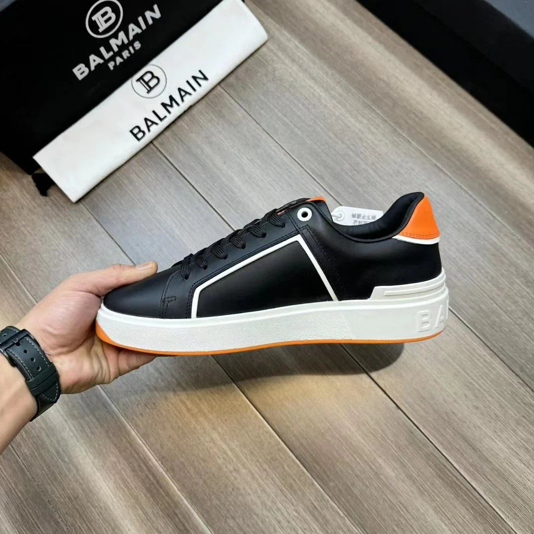 BALMAIN || Logo Patch Low-Top White/Orange ‘B-Court’ Sneakers