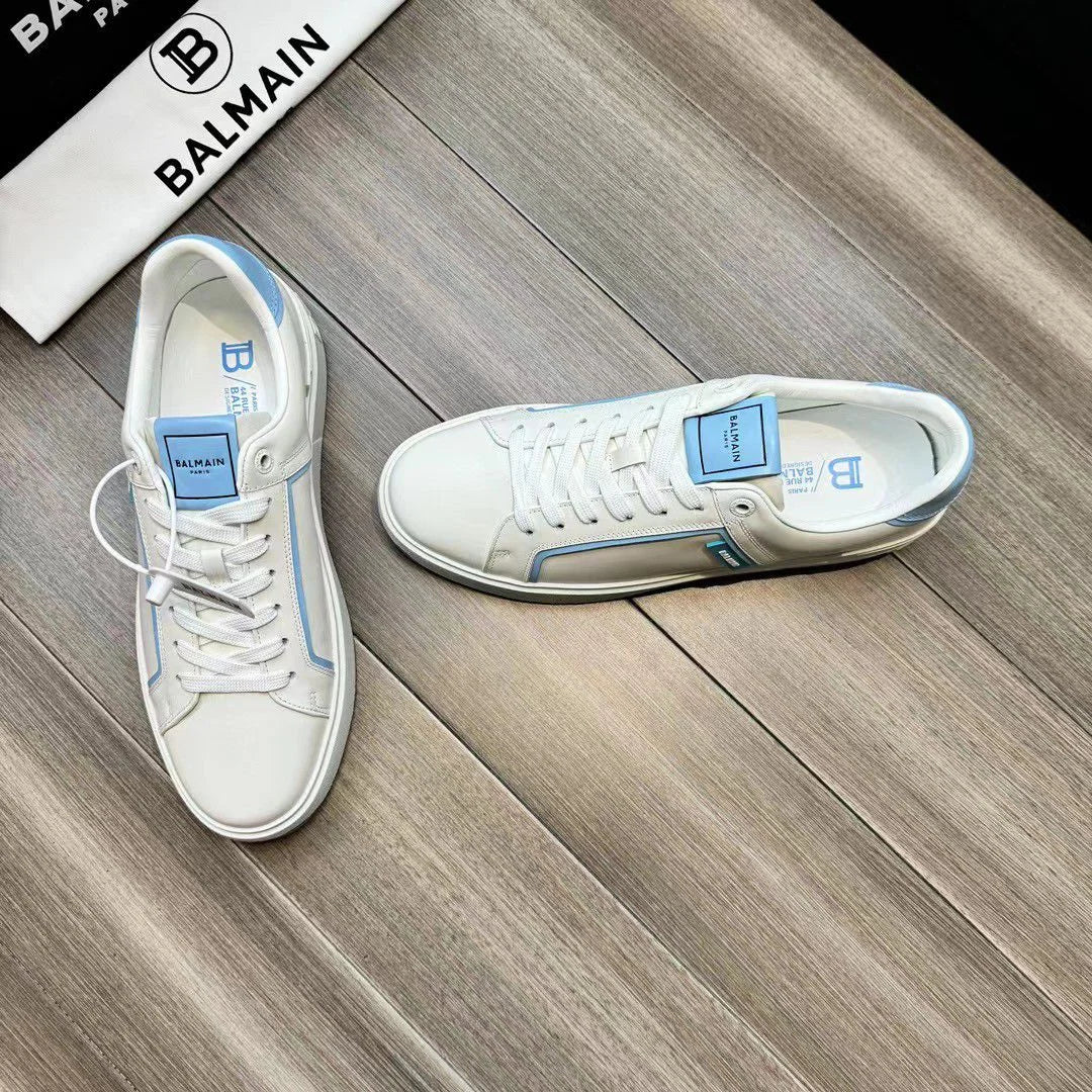 BALMAIN || B-Court Smooth Leather Trainers Sneaker White/Blue