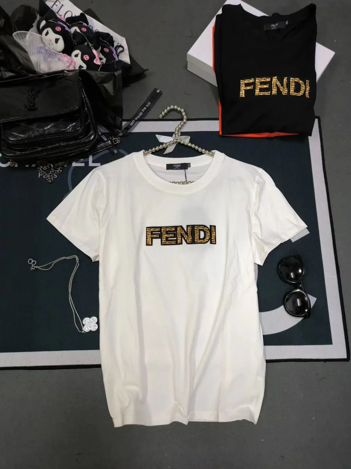 FENDI || Swarovski Logo Detailed Crew Neck T-Shirt For Girls