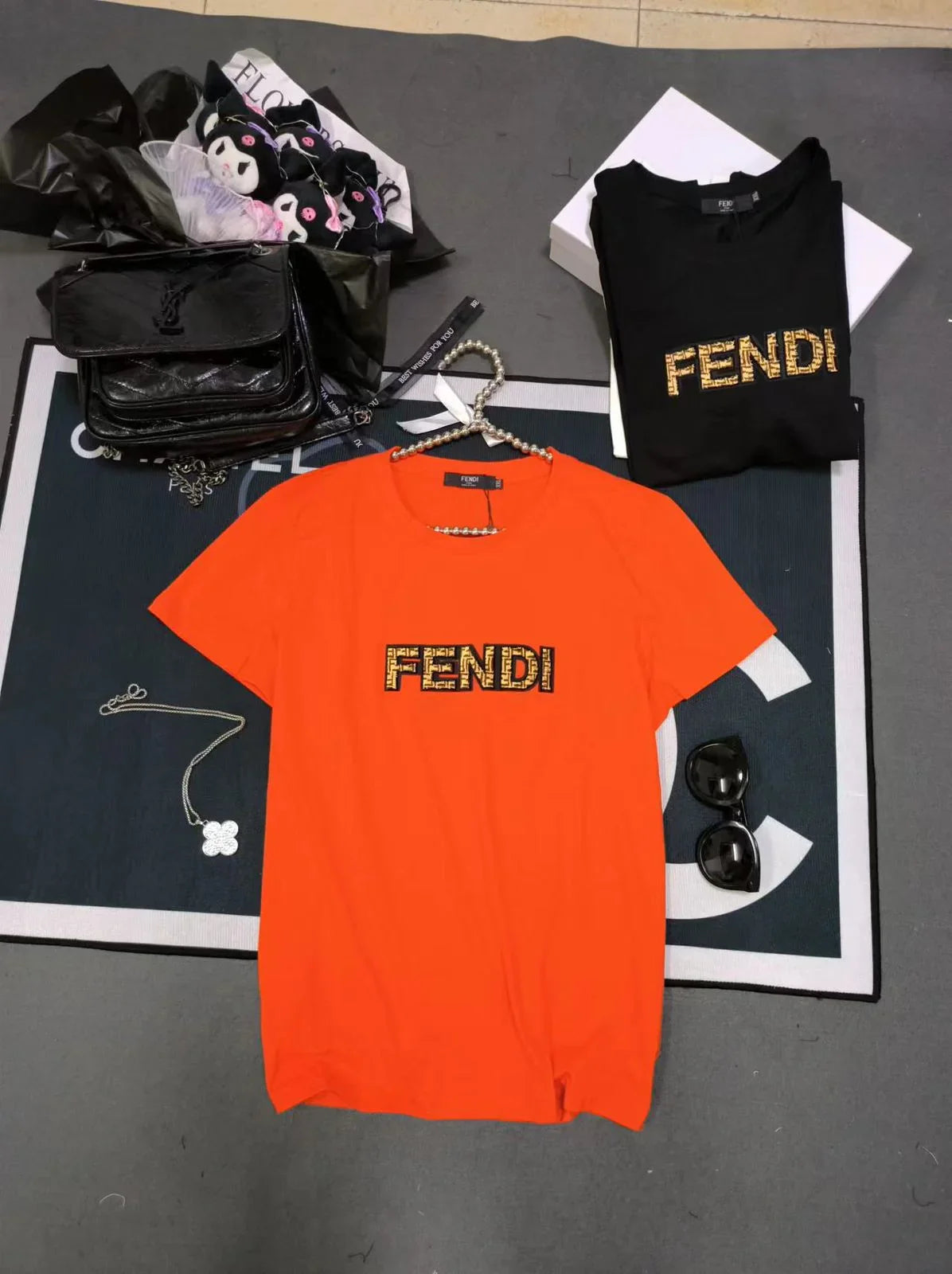 FENDI || Swarovski Logo Detailed Crew Neck T-Shirt For Girls