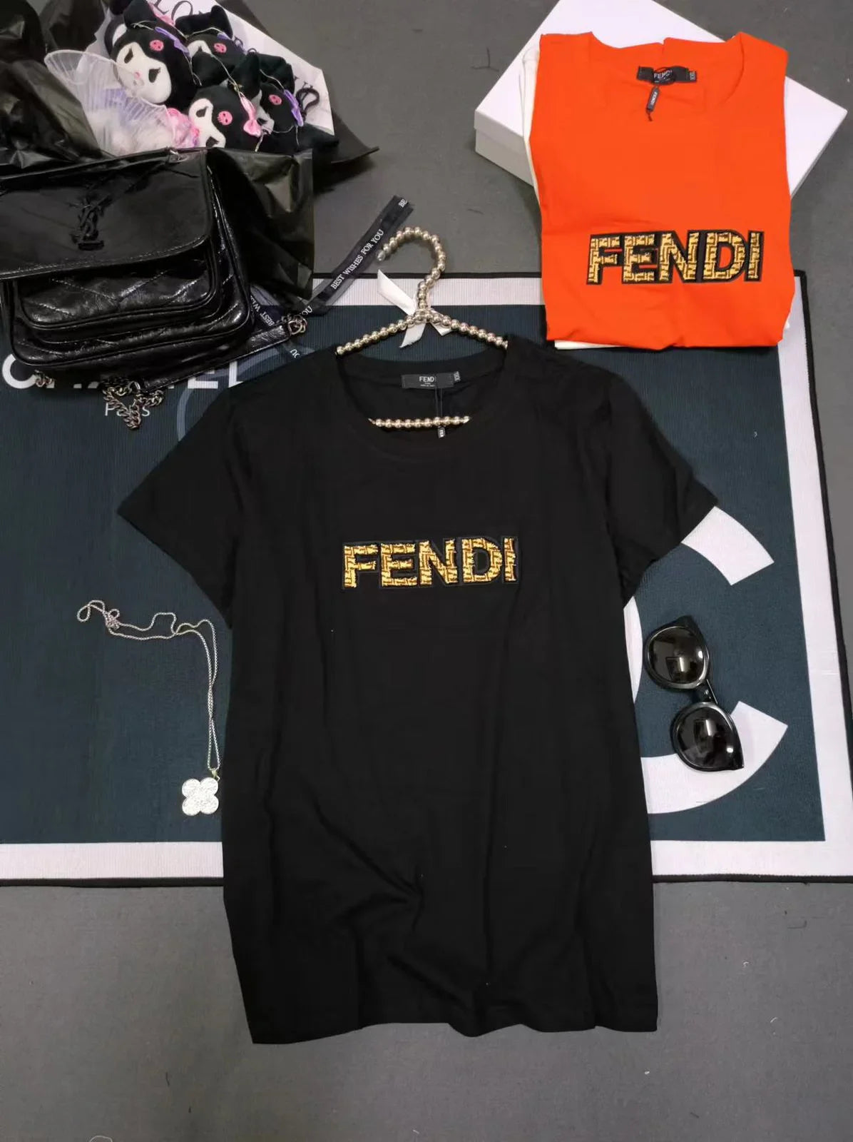 FENDI || Swarovski Logo Detailed Crew Neck T-Shirt For Girls