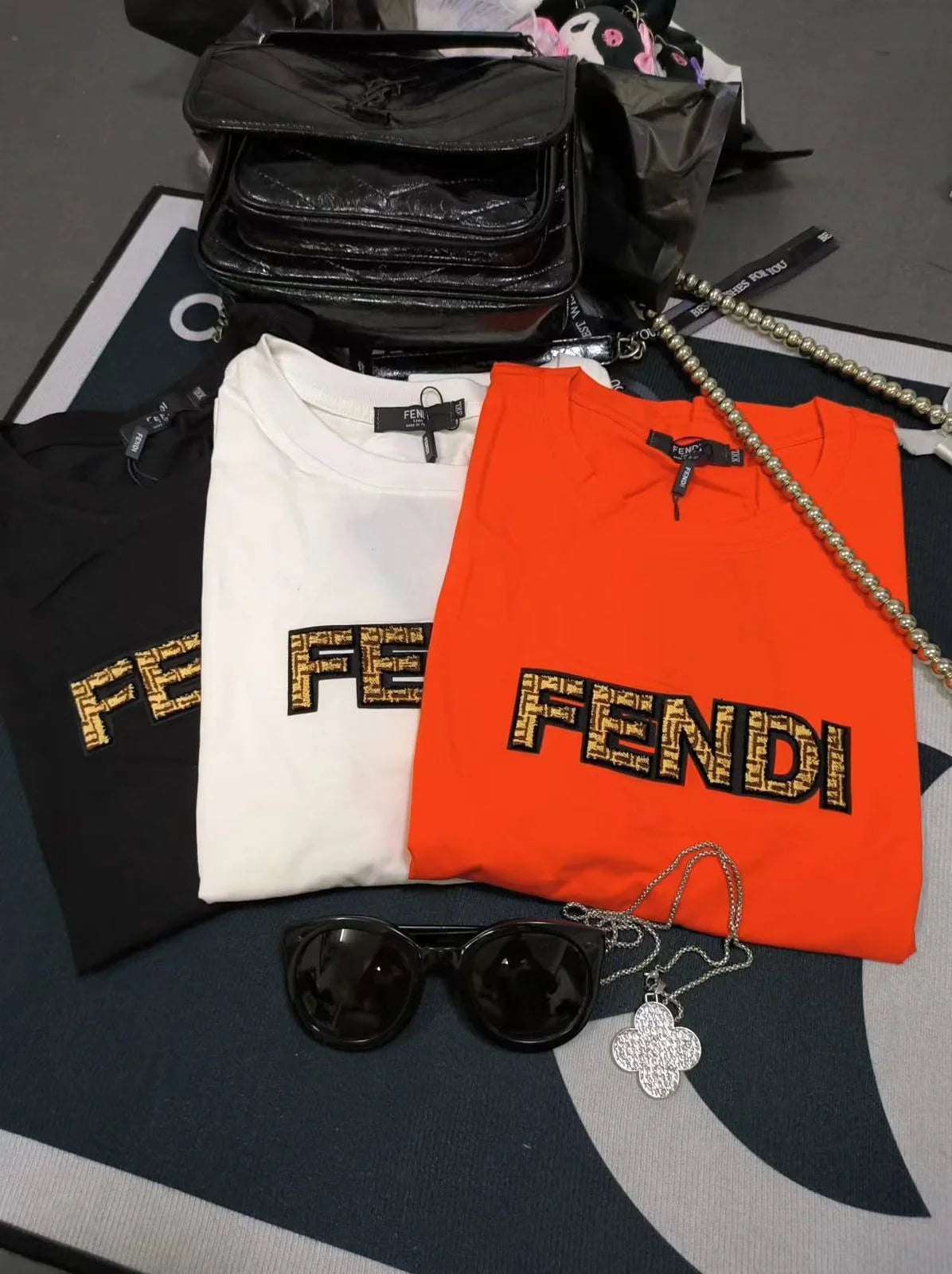 FENDI || Swarovski Logo Detailed Crew Neck T-Shirt For Girls