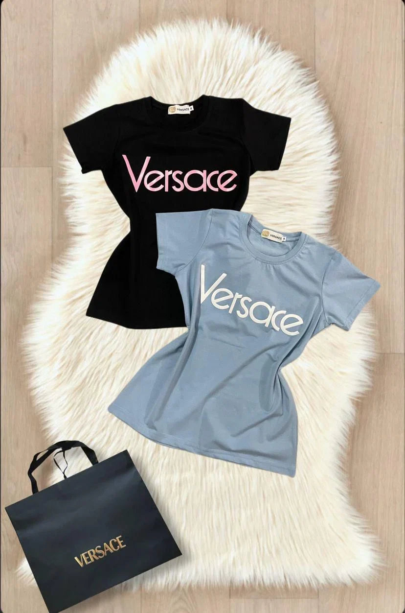 VERSACE || Crew Neck Plain Cotton Short Sleeves Logo T-Shirts