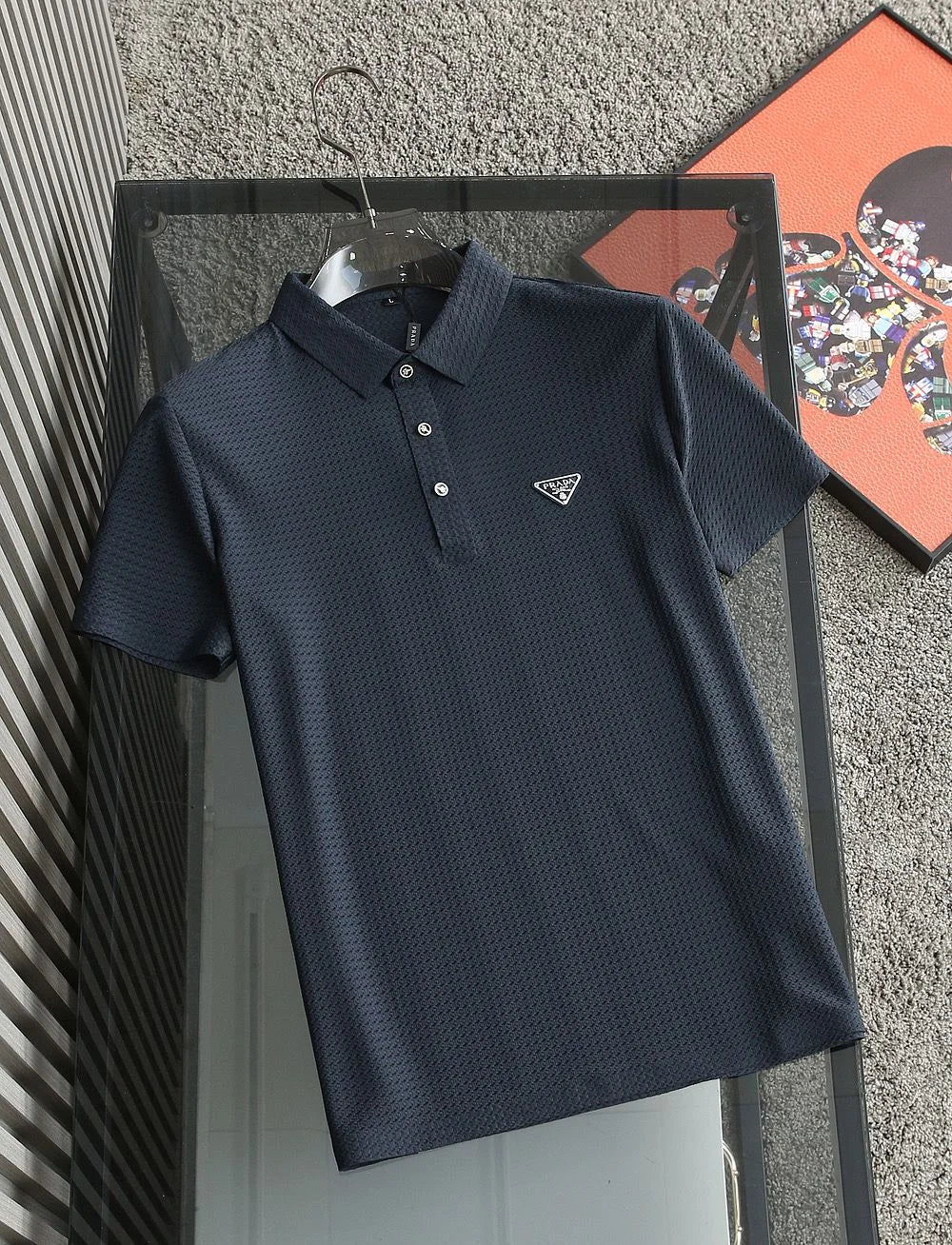 PRADA || Initial Logo Half Sleeve Crushed Lycra Polo T-Shirt