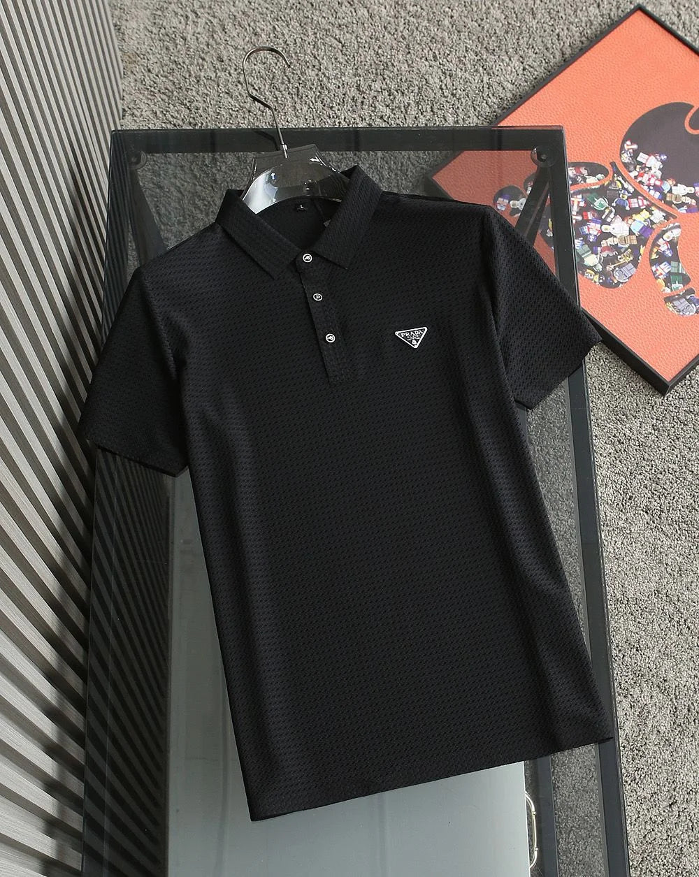 PRADA || Initial Logo Half Sleeve Crushed Lycra Polo T-Shirt