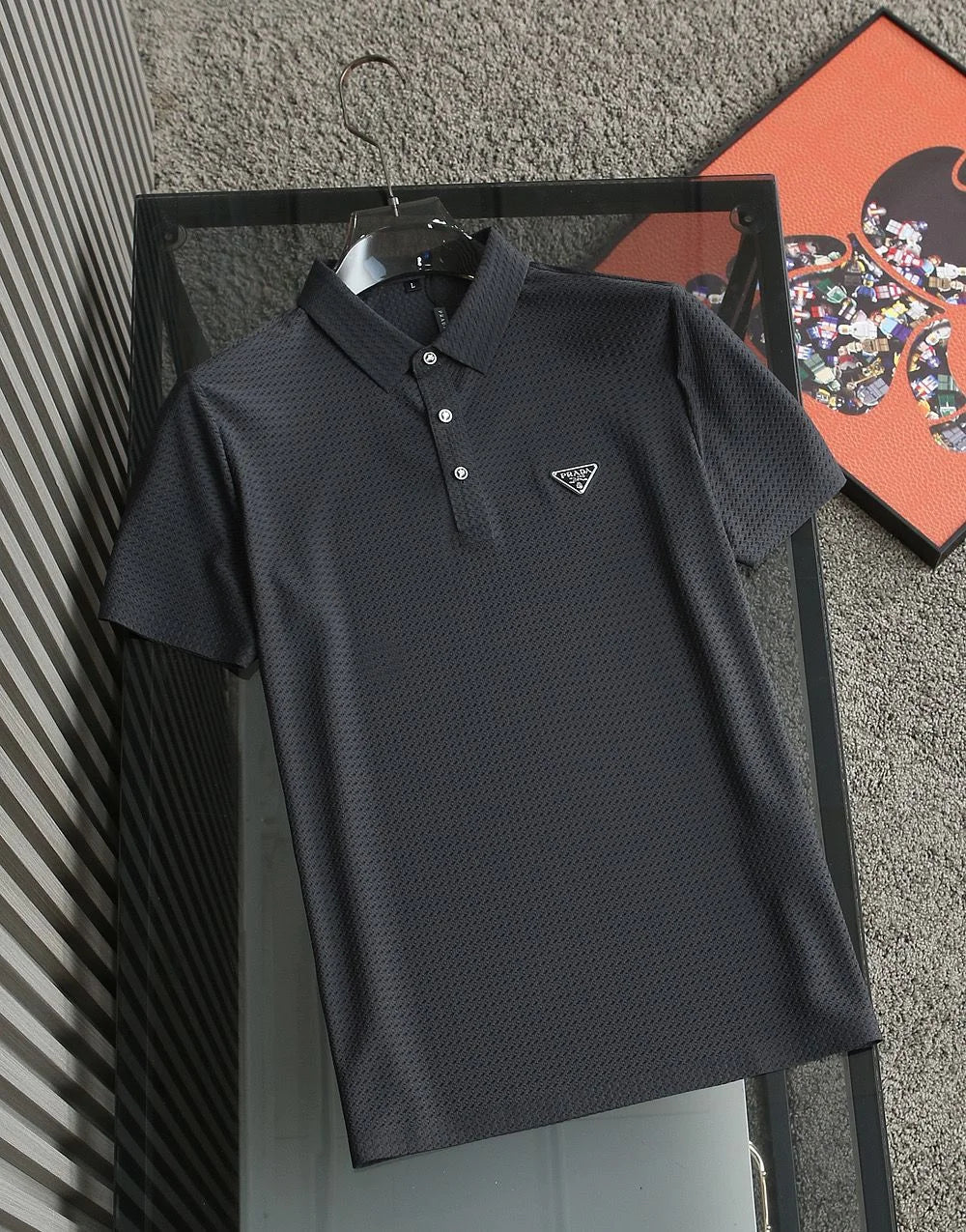 PRADA || Initial Logo Half Sleeve Crushed Lycra Polo T-Shirt