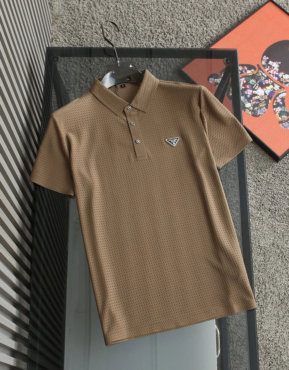 PRADA || Initial Logo Half Sleeve Crushed Lycra Polo T-Shirt