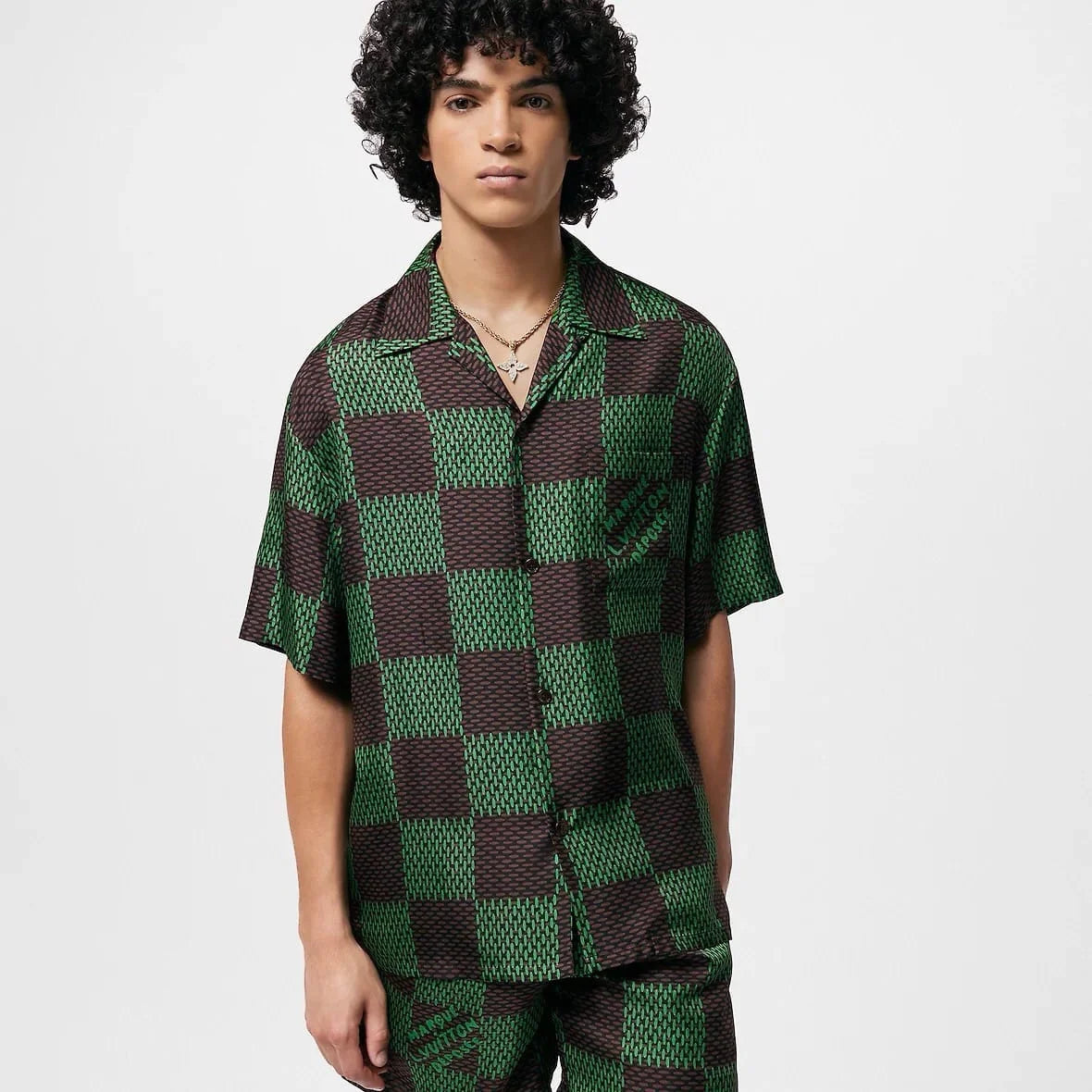 LOUIS VUITTON || Green Silk Damier Print Short & Shirt Co-Ordinate Set