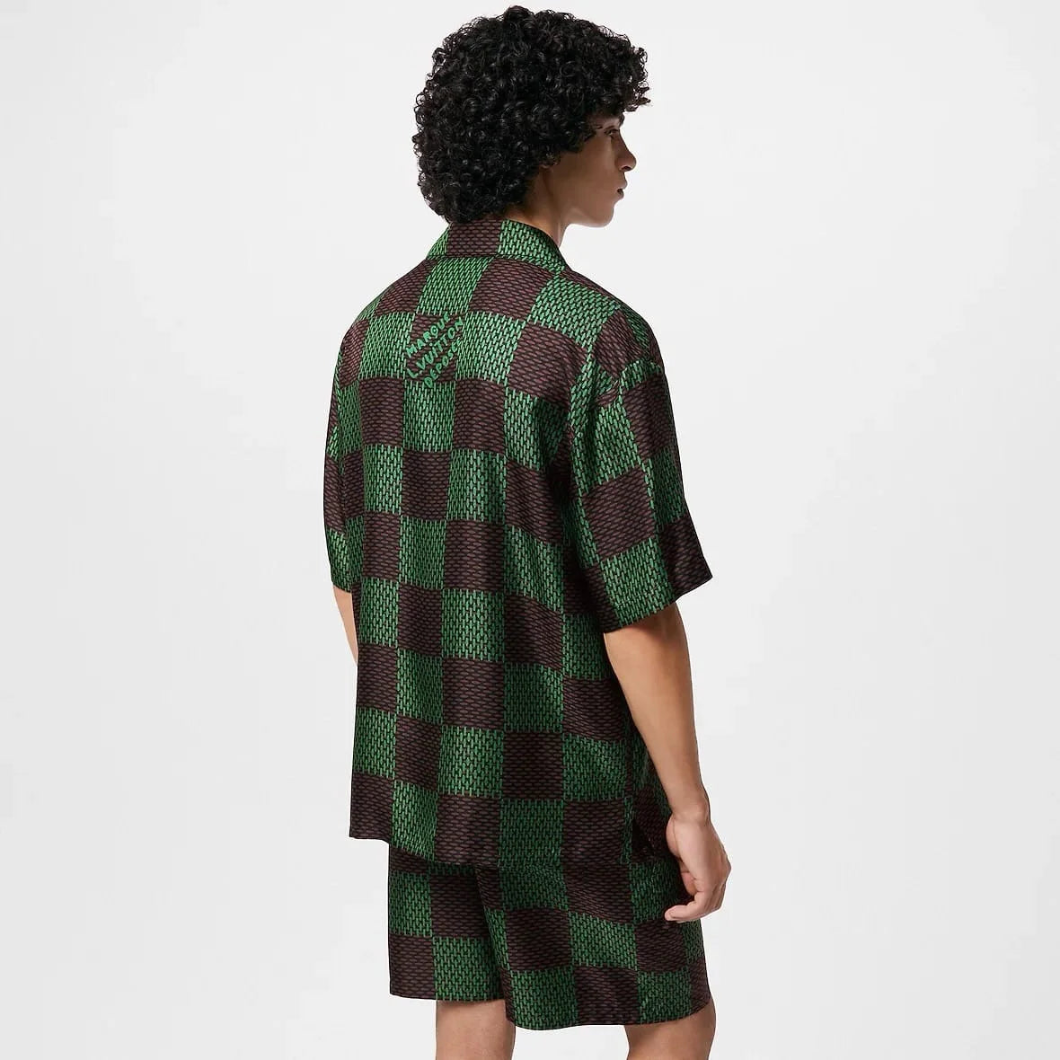 LOUIS VUITTON || Green Silk Damier Print Short & Shirt Co-Ordinate Set