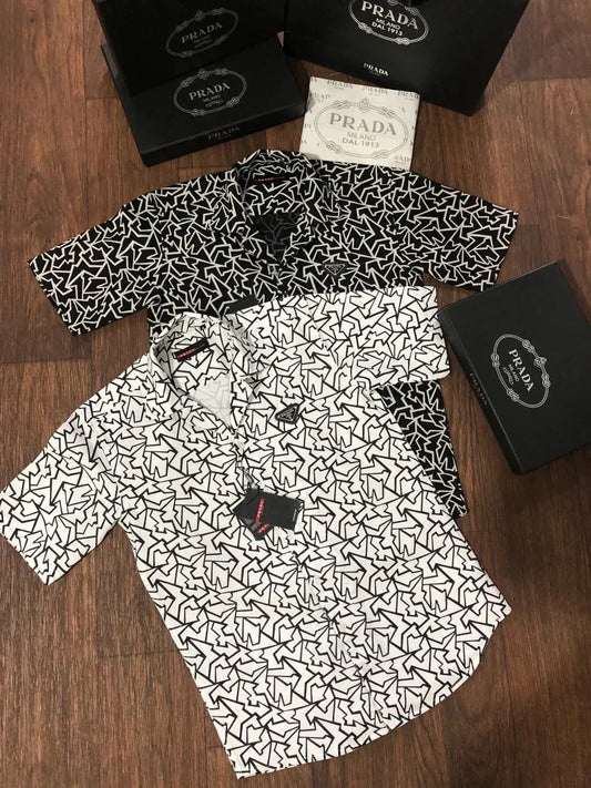 PRADA || Black and White Scribble Print Slim Fit Short Sleeve Shirt