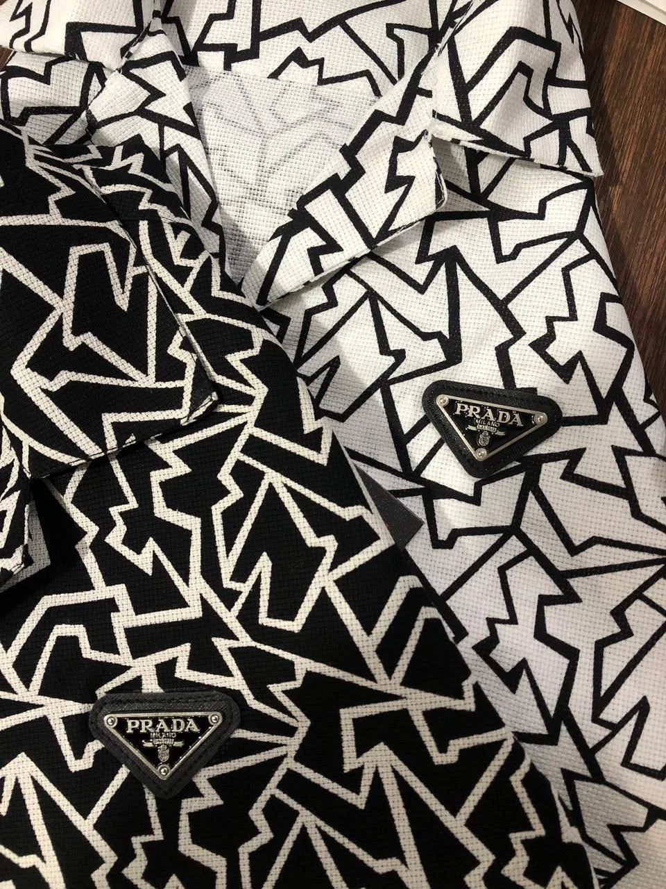 PRADA || Black and White Scribble Print Slim Fit Short Sleeve Shirt