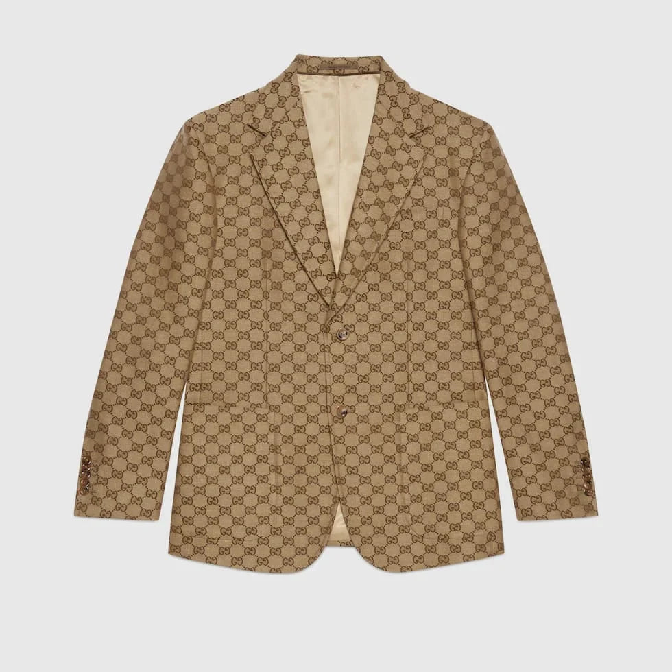 GUCCI || GG Linen Blend Canvas Formal Jacket & Pant Set  In Camel And Ebony