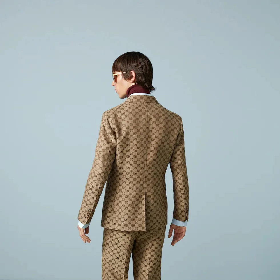 GUCCI || GG Linen Blend Canvas Formal Jacket & Pant Set  In Camel And Ebony