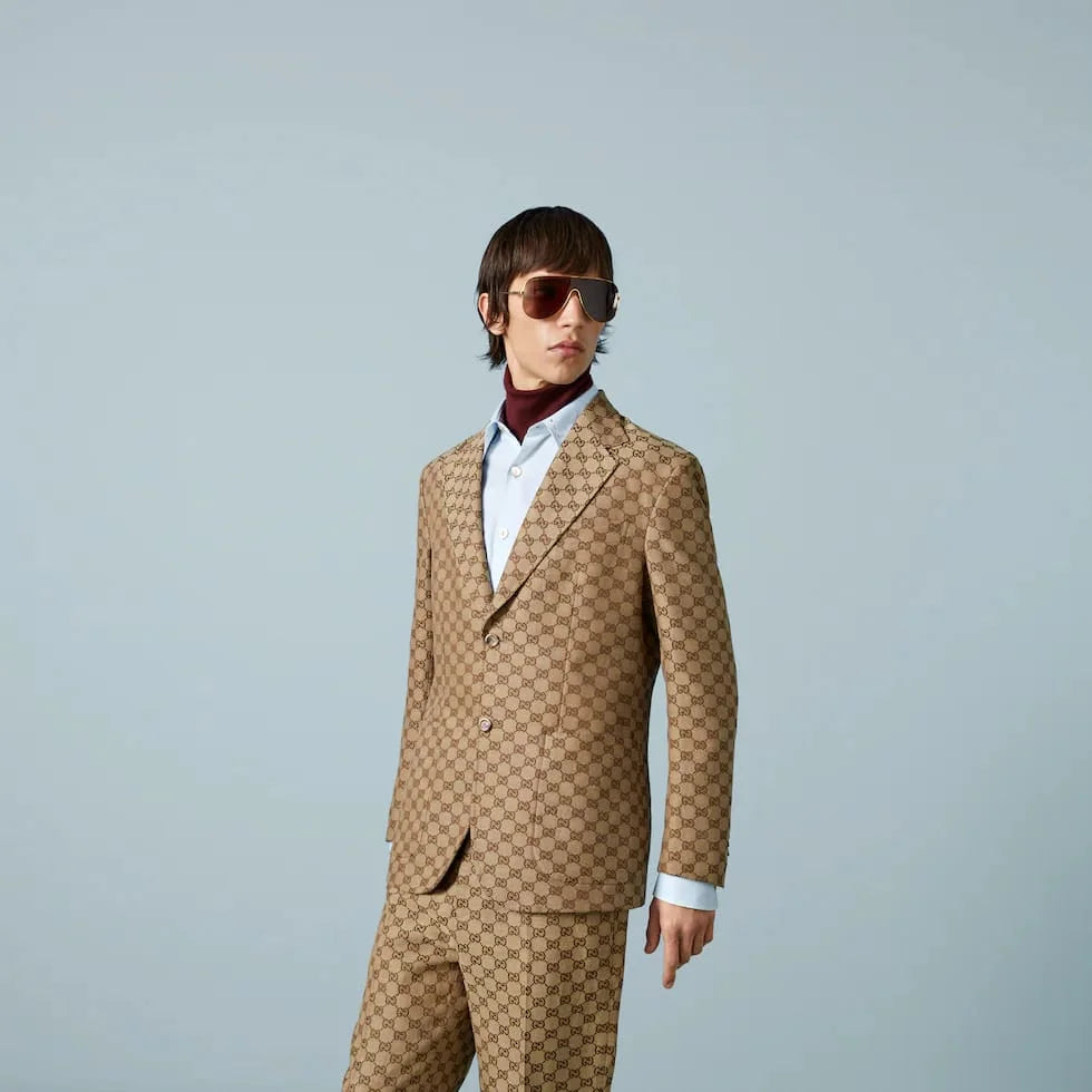 GUCCI || GG Linen Blend Canvas Formal Jacket & Pant Set  In Camel And Ebony