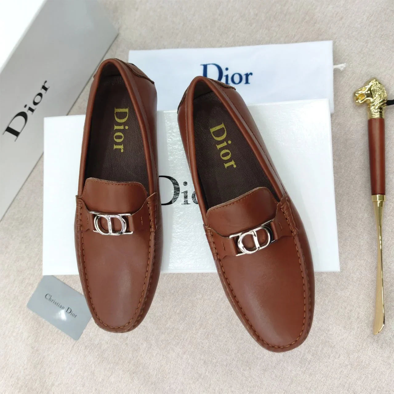 CHRISTIAN DIOR || Metallic Logo Solid Martia Brown Loafer