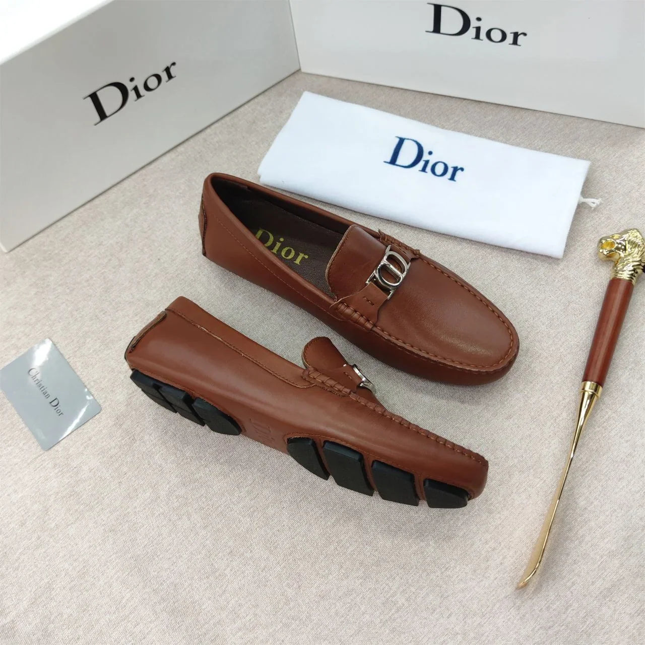 CHRISTIAN DIOR || Metallic Logo Solid Martia Brown Loafer