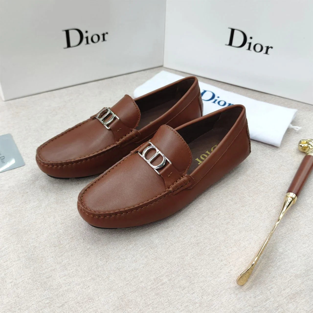 CHRISTIAN DIOR || Metallic Logo Solid Martia Brown Loafer