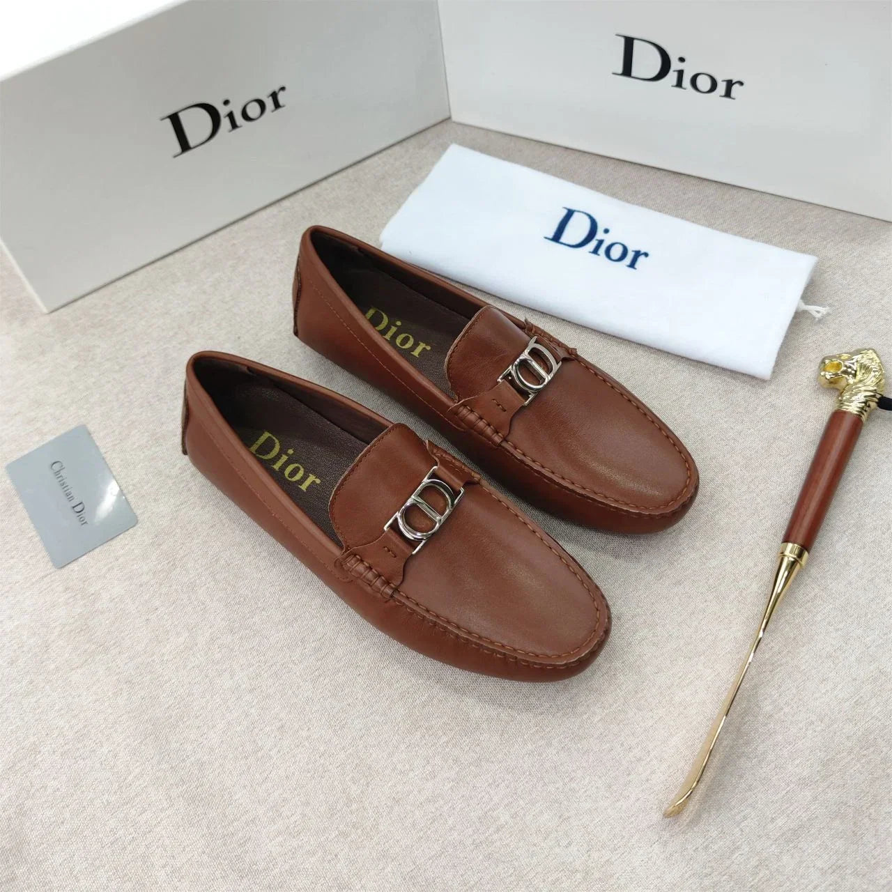 CHRISTIAN DIOR || Metallic Logo Solid Martia Brown Loafer