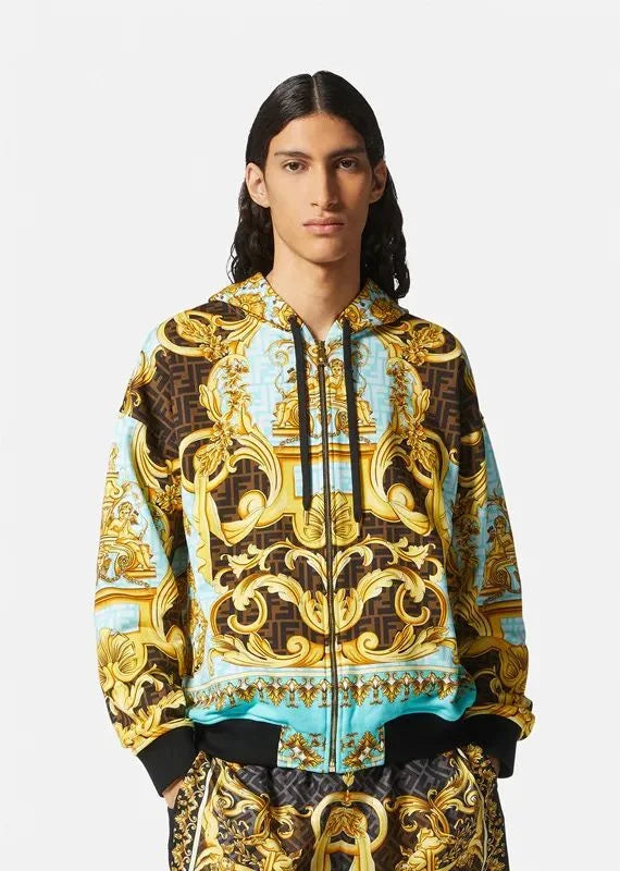 VERSACE || Fendace Zucca FF Logo Printed Hoodie Bomber Jacket