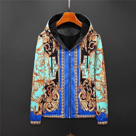 VERSACE || Eros Baroque Printed Blue Golden Zip Up Bomber Jacket