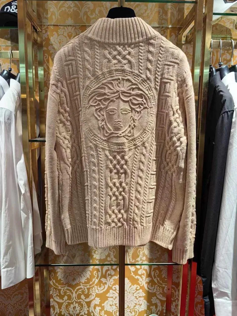 VERSACE || Medusa Embroidered Cable Knit Virgin Wool Jumper In Sand Color