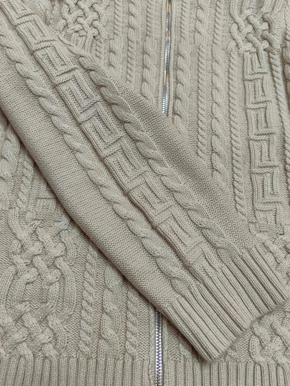 VERSACE || Medusa Embroidered Cable Knit Virgin Wool Jumper In Sand Color