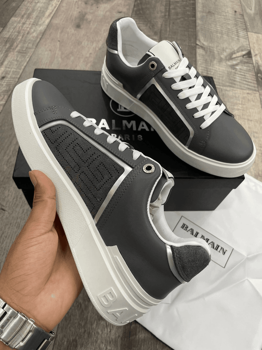 BALMAIN || B-COURT GRAY LEATHER SNEAKERS WITH PERFORATIONS