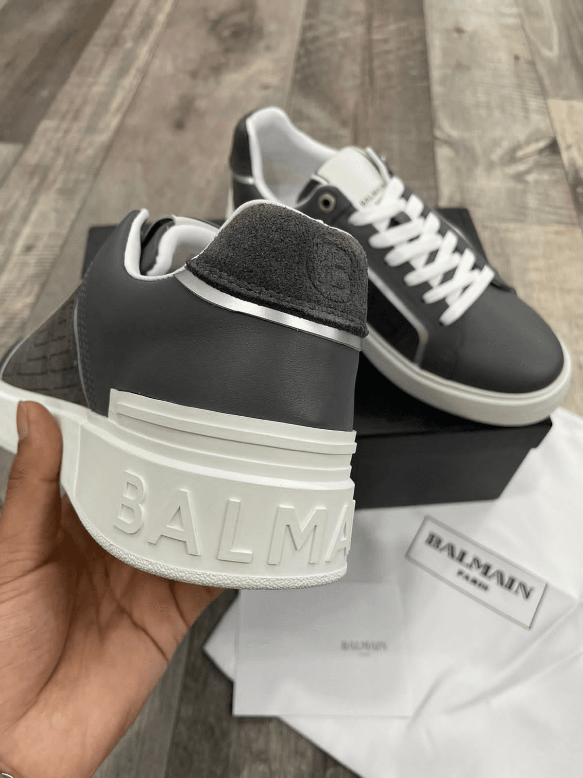 BALMAIN || B-COURT GRAY LEATHER SNEAKERS WITH PERFORATIONS