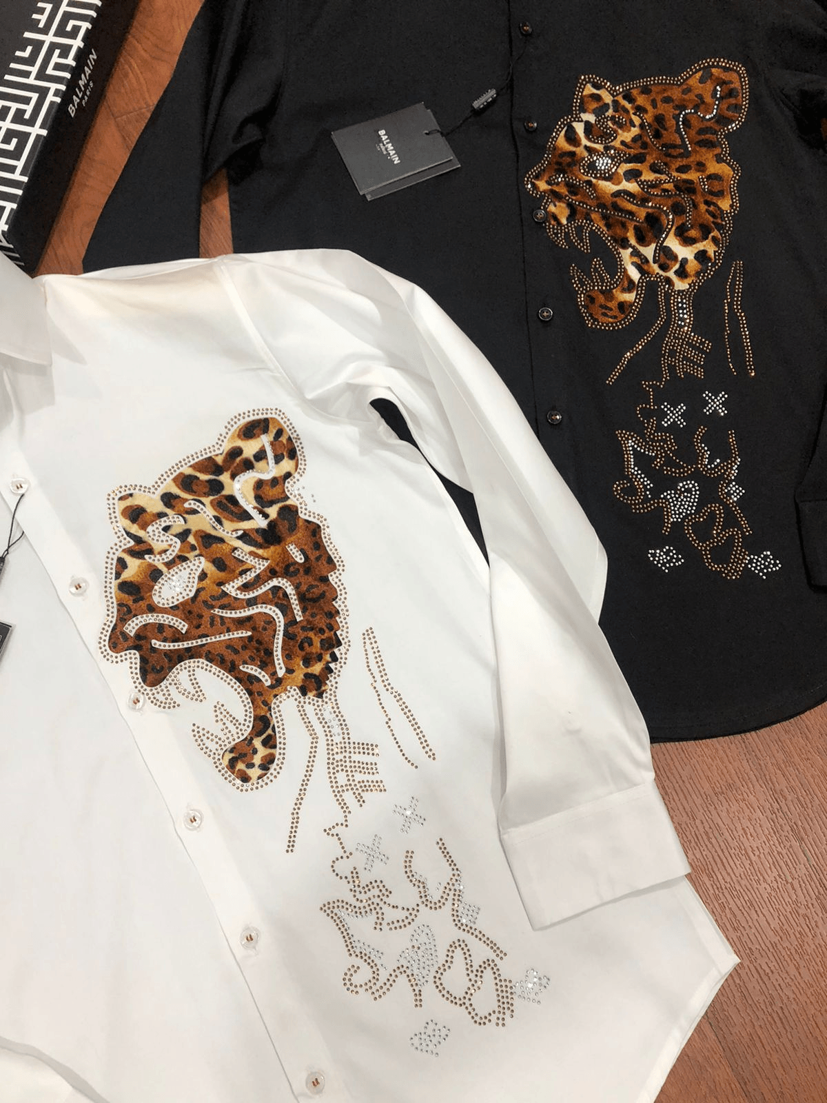 BALMAIN || Swarovski Leopard Logo Printed Club Wear Shirt