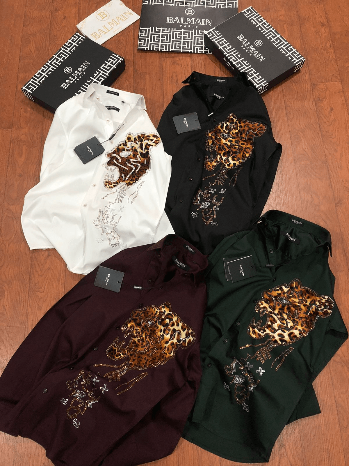 BALMAIN || Swarovski Leopard Logo Printed Club Wear Shirt